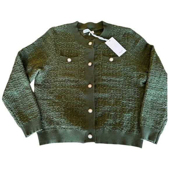 Classic Olive Green Textured Knit Cardigan with Pearl Buttons Cozy Large NWT - Picture 5 of 8